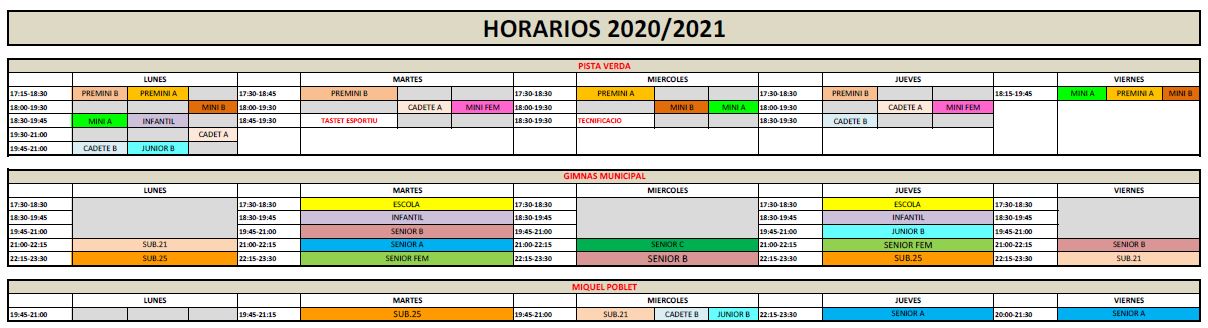 HORARIO ENTRENOS 2020-21